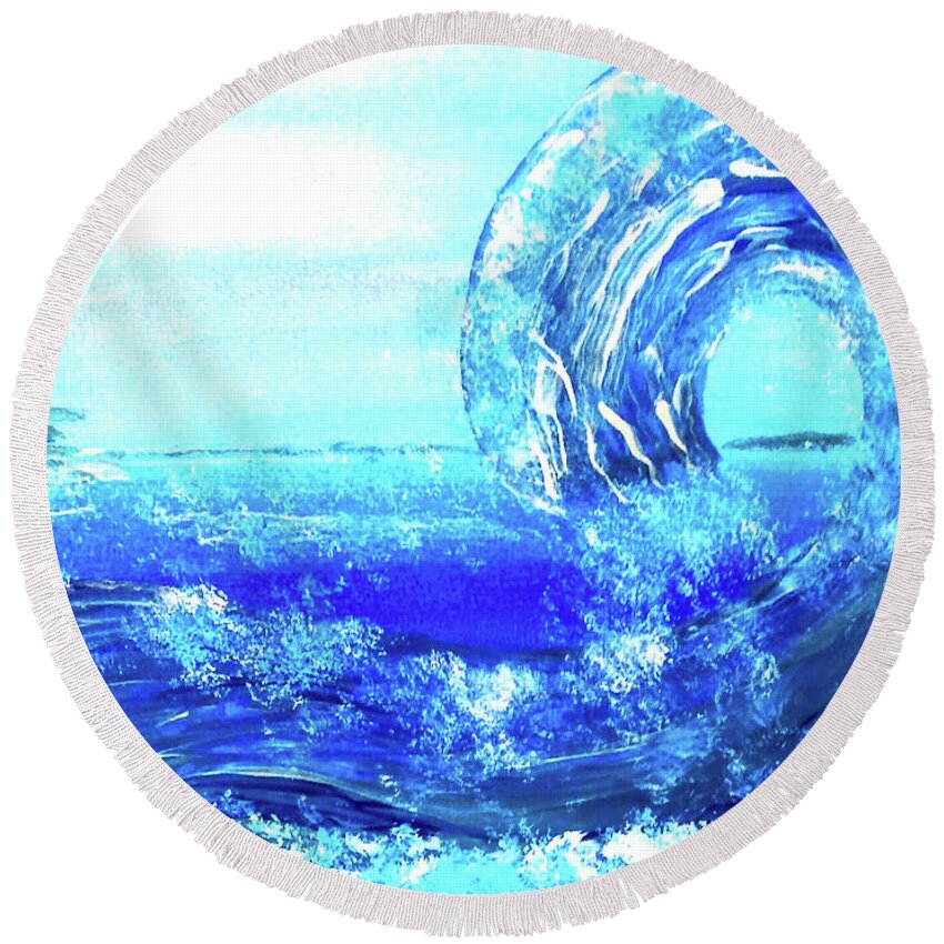 Blue Round Beach Towel featuring the painting Big Bue Wave 2 by Anna Adams