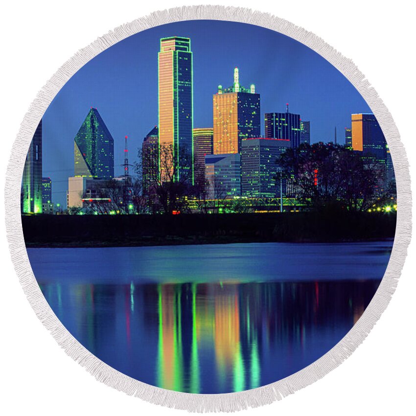 Dallas Round Beach Towel featuring the photograph Big D Reflection by Inge Johnsson