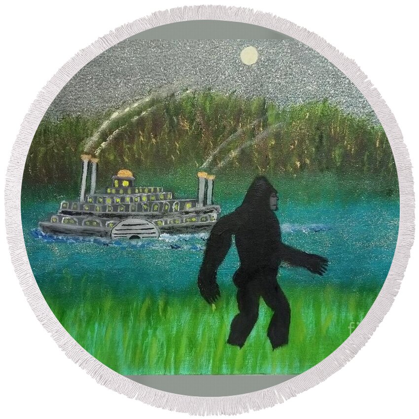 Bigfoot Round Beach Towel featuring the painting Big Foot by David Westwood