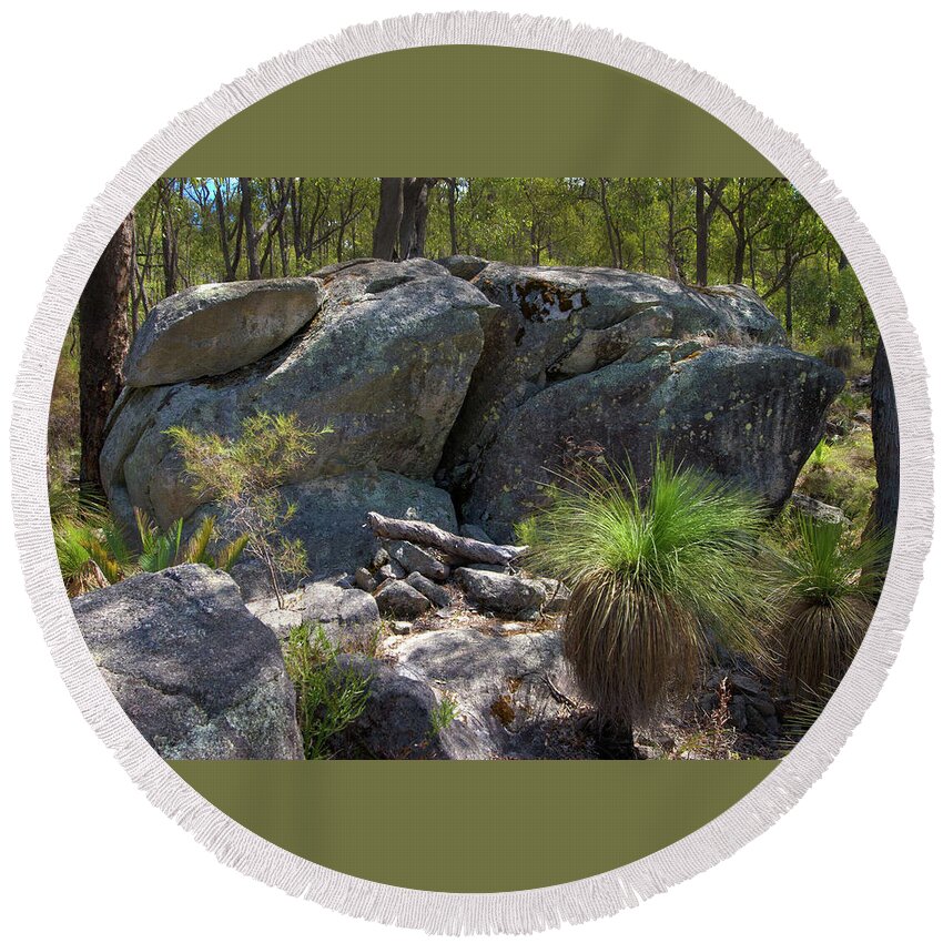 Austral Grasstree Round Beach Towel featuring the photograph Big granite rock in the Western Australian bush by Jeremy Holton