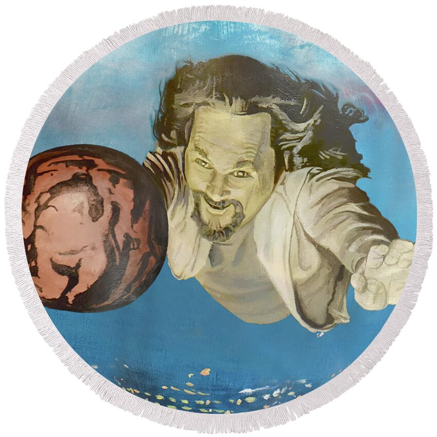 Big Round Beach Towel featuring the painting Big Lebowski On Bowling Pin Print 4 by Michael Morgan
