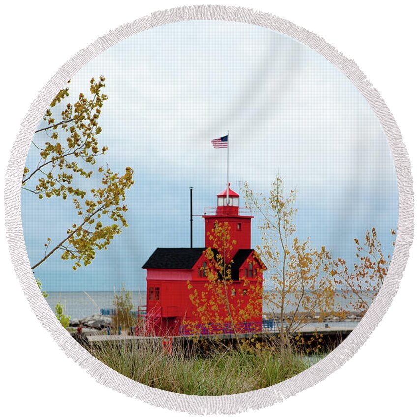 Big Red Lighthouse Round Beach Towel featuring the photograph Big Red - Holland Harbor Light by Rich S