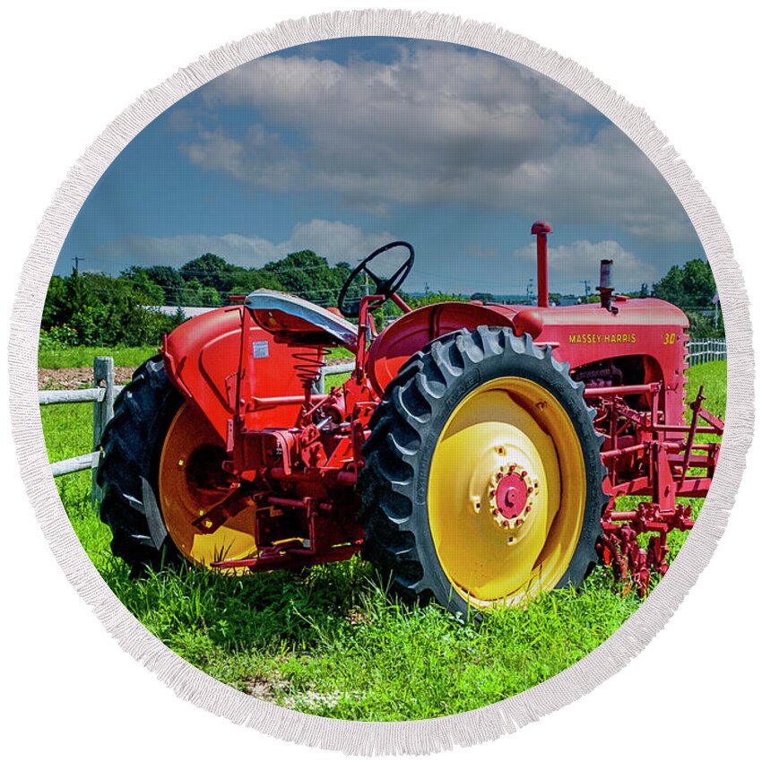 Tractor Round Beach Towel featuring the photograph Big Red by Cathy Kovarik