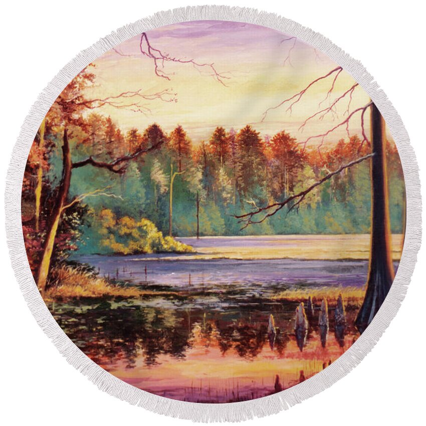 Big Thicket Round Beach Towel featuring the painting Big Thicket Swamp by Randy Welborn