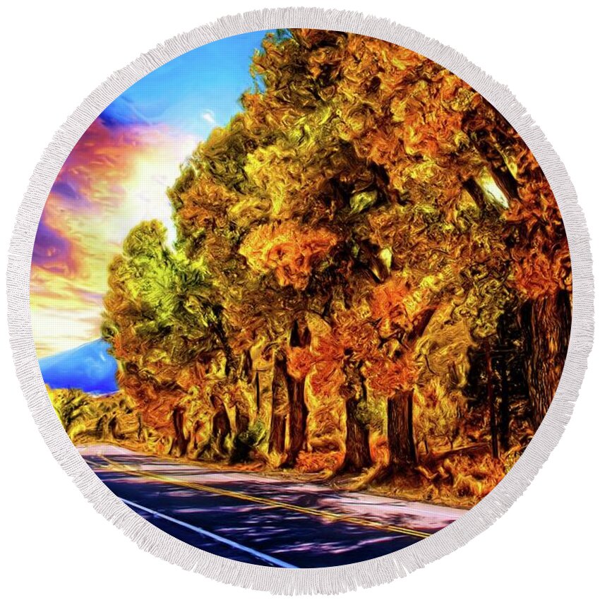 Growth Round Beach Towel featuring the digital art Big Tree Fall Colors by David Desautel