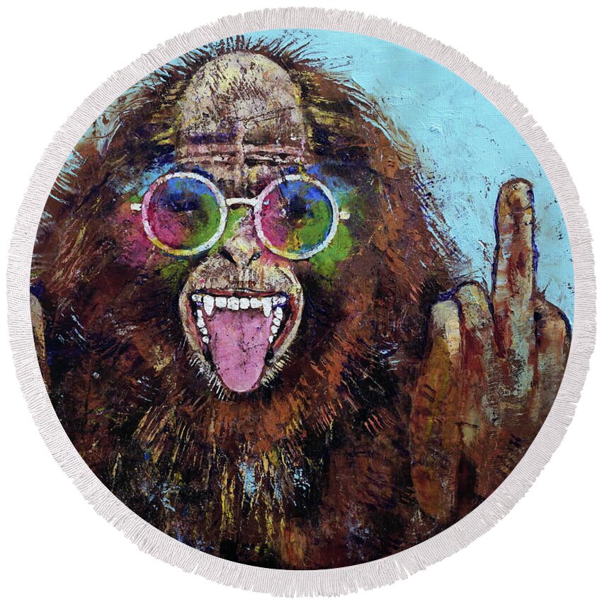 Art Round Beach Towel featuring the painting Bigfoot Double Bird by Michael Creese