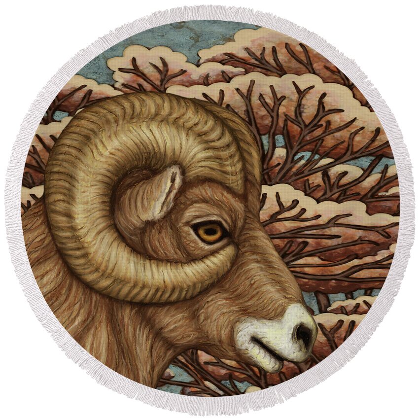 Ram Round Beach Towel featuring the painting Bighorn Grandeur by Amy E Fraser