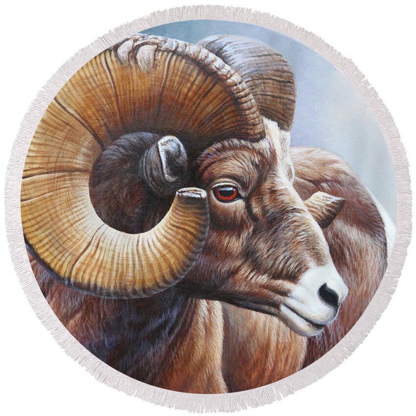 Cynthie Fisher Round Beach Towel featuring the painting Bighorn Sheep by Cynthie Fisher