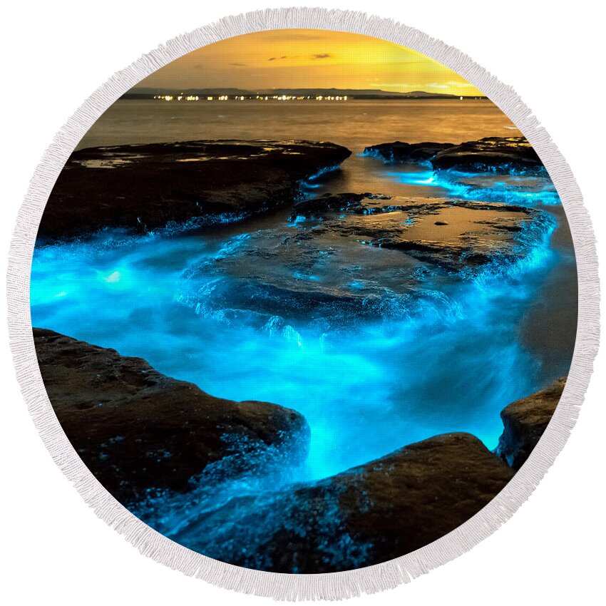 Sea Round Beach Towel featuring the photograph Bioluminescence At Sunset by Beautiful Nature Prints