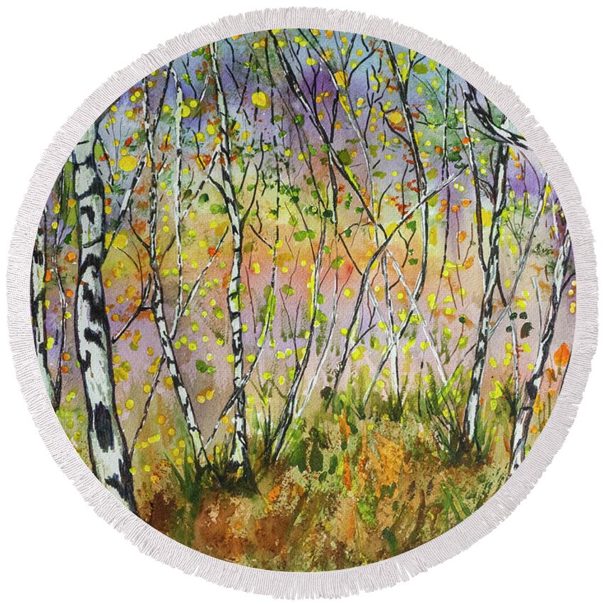 Trees Round Beach Towel featuring the painting Birch Grove Watercolor by Cathy Anderson
