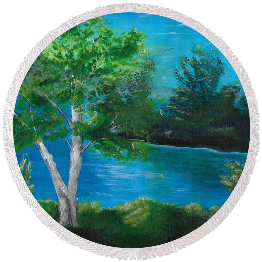 Lake Round Beach Towel featuring the painting Birch on lake by David Bigelow