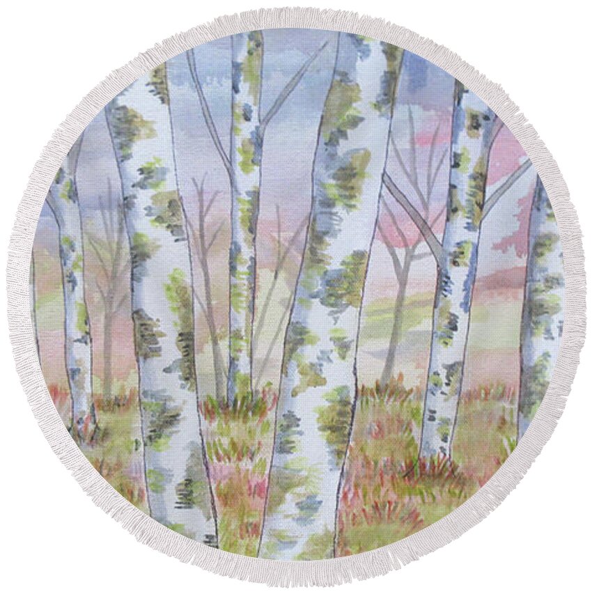 Tree Trees Birch Nature Landscape Office Lobby Decor Pattern Forest Woods Nature Round Beach Towel featuring the painting Birch Tree Stand by Bradley Boug