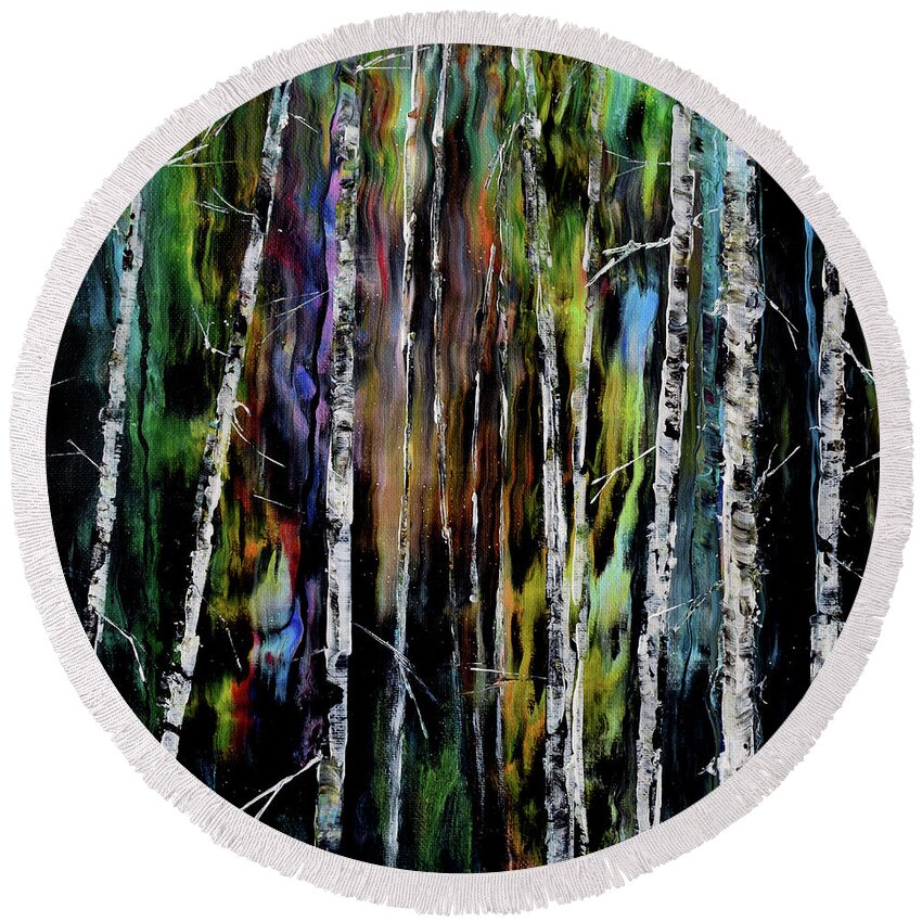 Birch Trees Round Beach Towel featuring the painting Birch Trees in a Mysterious Forest by Laura Iverson