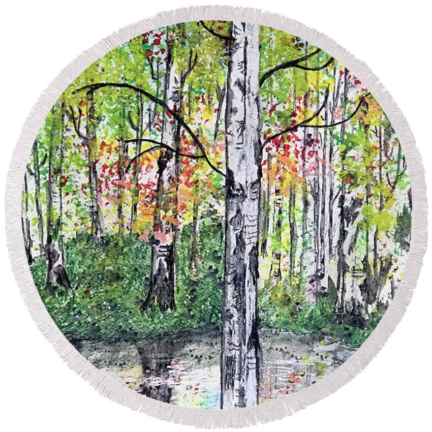 Birch Trees Round Beach Towel featuring the painting Birch Trees in The Fall by Kathy Marrs Chandler