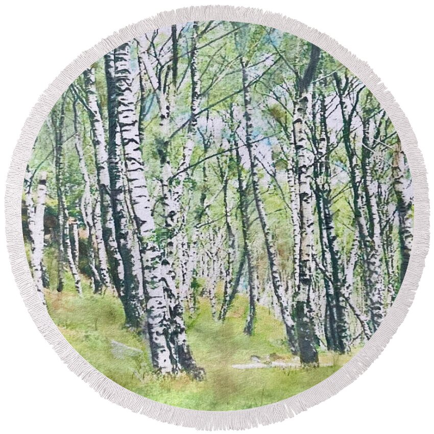 Birch Round Beach Towel featuring the painting Birches by Cara Frafjord