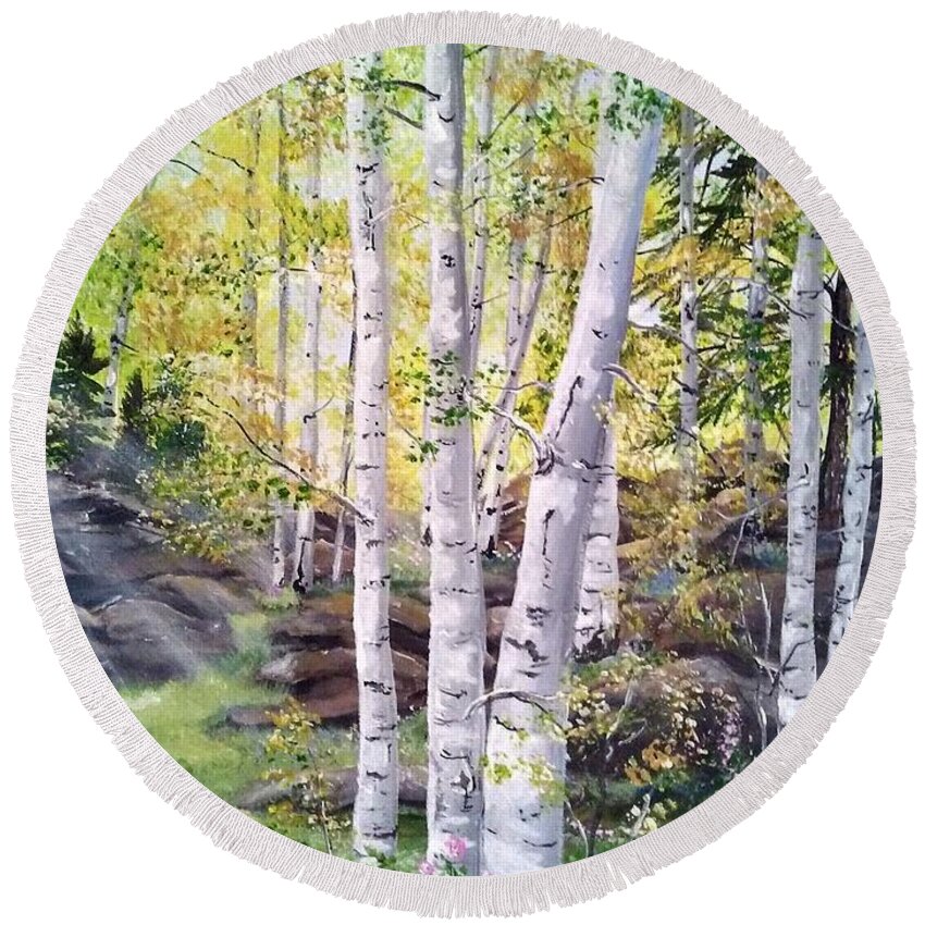 Tree Round Beach Towel featuring the painting Birches by Mindy Gibbs