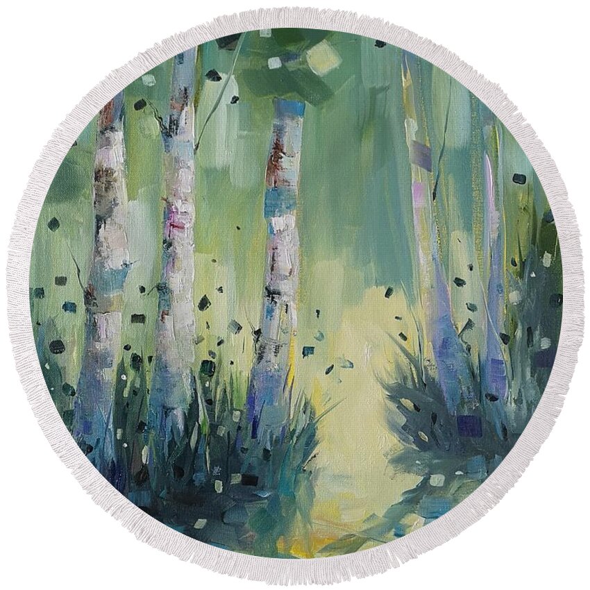 Birches Round Beach Towel featuring the painting Birches with Portal by Sheila Romard