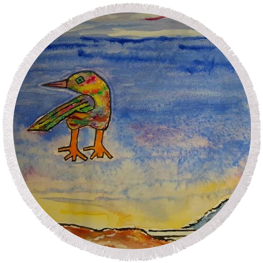 Watercolor Round Beach Towel featuring the painting Bird and Mountain by John Klobucher
