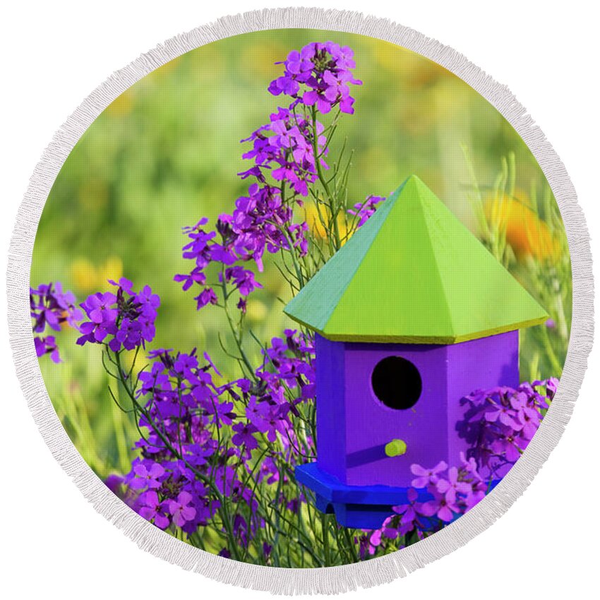 Purple;green;yellow;spring Round Beach Towel featuring the photograph Bird house and Wildflowers by Eggers Photography