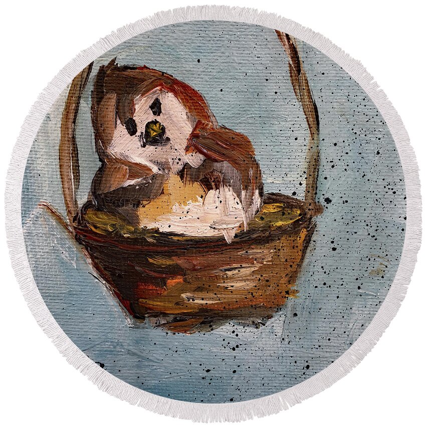 Bird Round Beach Towel featuring the painting Bird in a Basket by Roxy Rich