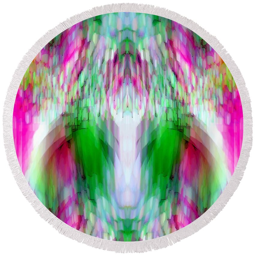 #abstract #abstractart #digital #digitalart #wallart #markslauter #homedecor #facemask #apparel #stationary #animal #bird #stainedglass #puzzle Round Beach Towel featuring the digital art Stained Glass Bird In Flight by Mark Slauter