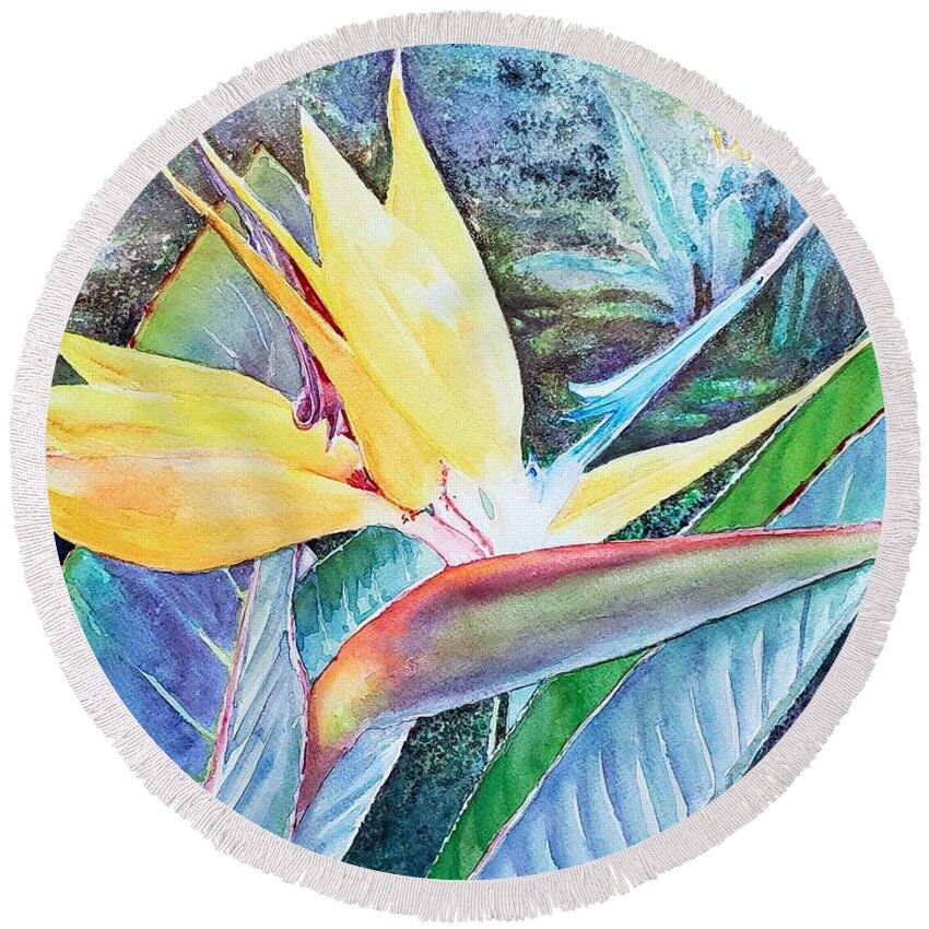 Bird Of Paradise Round Beach Towel featuring the painting Bird of Paradise by Merana Cadorette