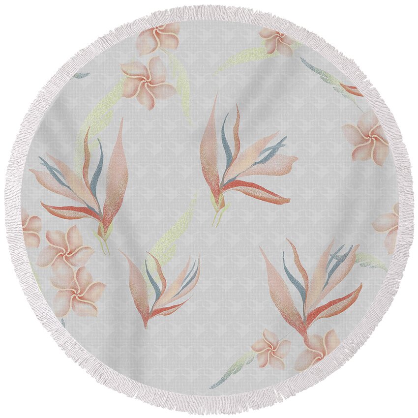 Bird Of Paradise Round Beach Towel featuring the digital art Bird of Paradise with Plumeria Blossoms Floral Print by Sand And Chi