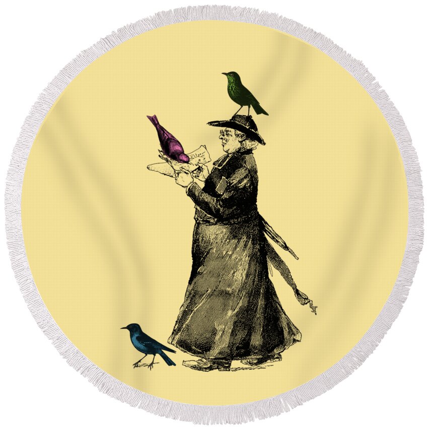 Vicar Round Beach Towel featuring the mixed media Bird Priest by Madame Memento