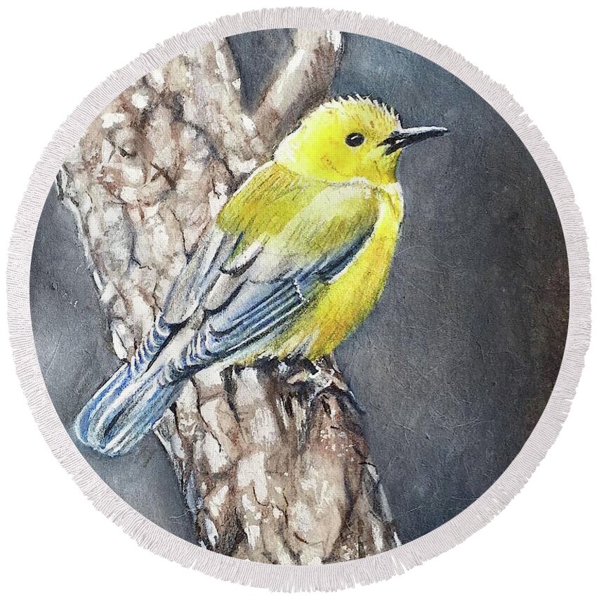 Bird Round Beach Towel featuring the painting Bird with yellow head by Carolina Prieto Moreno