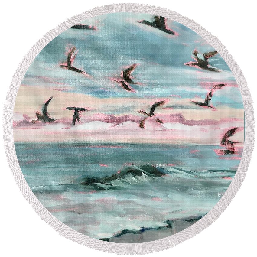Seascape Round Beach Towel featuring the painting Taking Flight by Sheila Romard