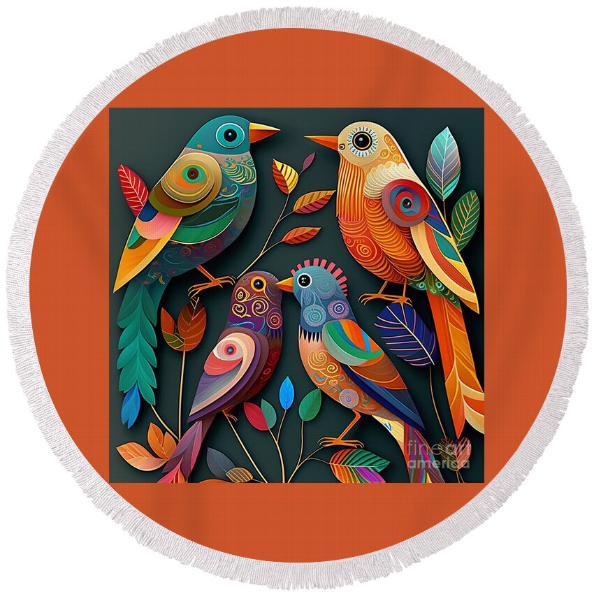 Birds Round Beach Towel featuring the digital art Birds - Folk Art I by Jay Schankman
