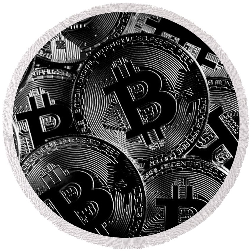 Bitcoin Round Beach Towel featuring the photograph Bitcoin Cryptocurrency Art - Noir by Marianna Mills