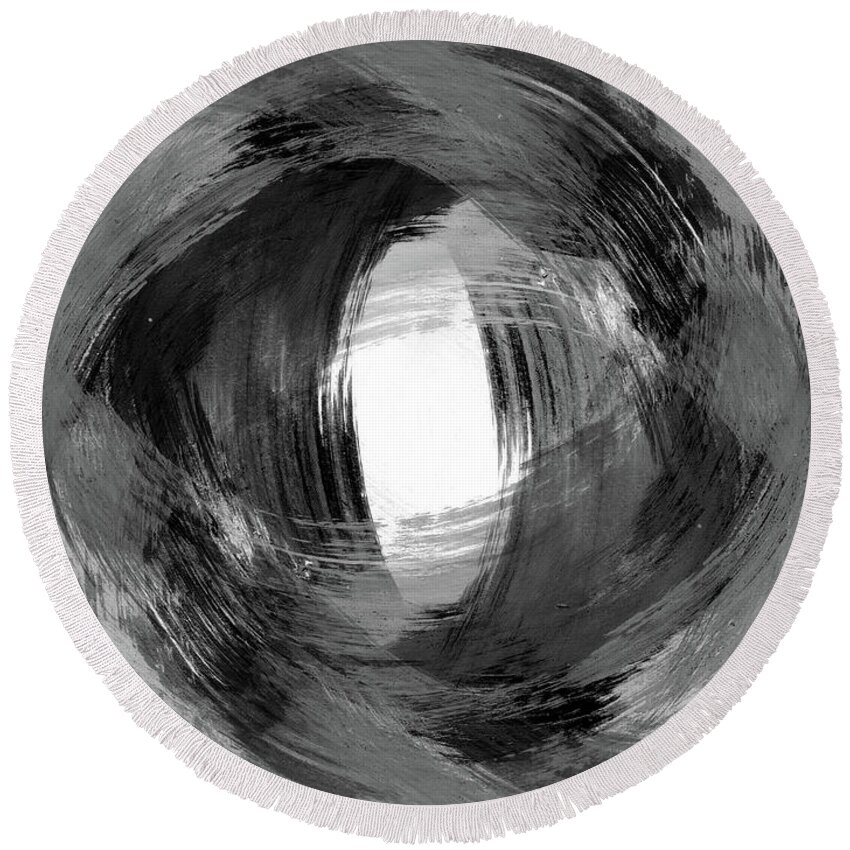 Black Round Beach Towel featuring the painting Black and Grey Modern Abstract Brushstroke Painting Vortex by Janine Aykens
