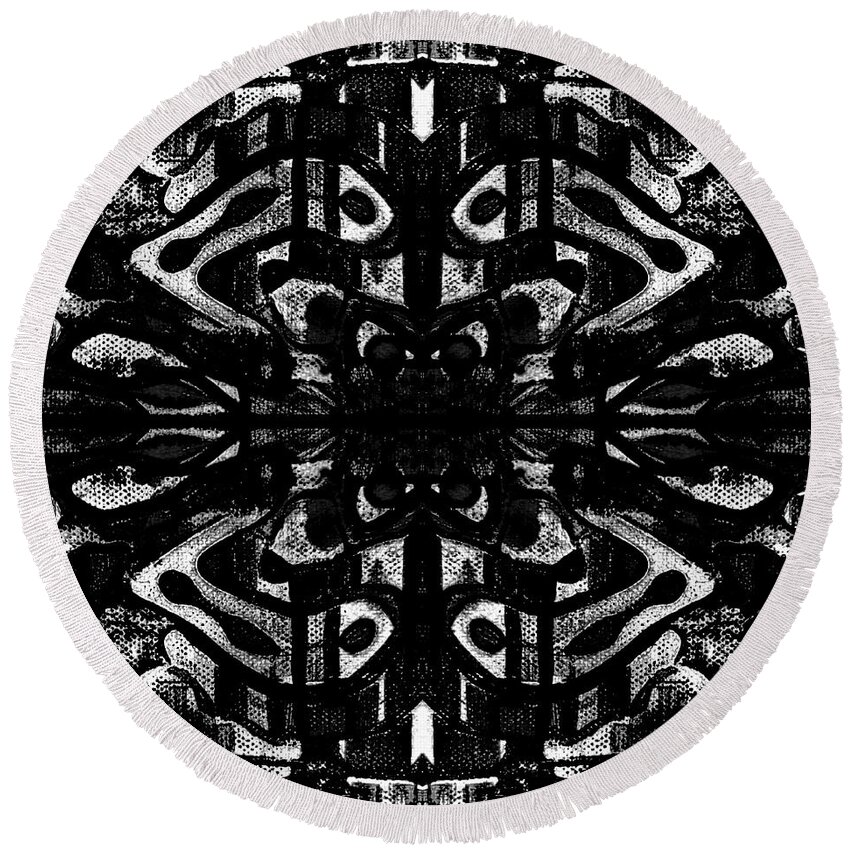 Black And White Round Beach Towel featuring the painting Black and White 001 122721 by Cleaster Cotton