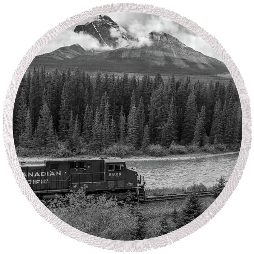 Black And White Mountain Train Round Beach Towel featuring the photograph Black And White Mountain Train by Dan Sproul