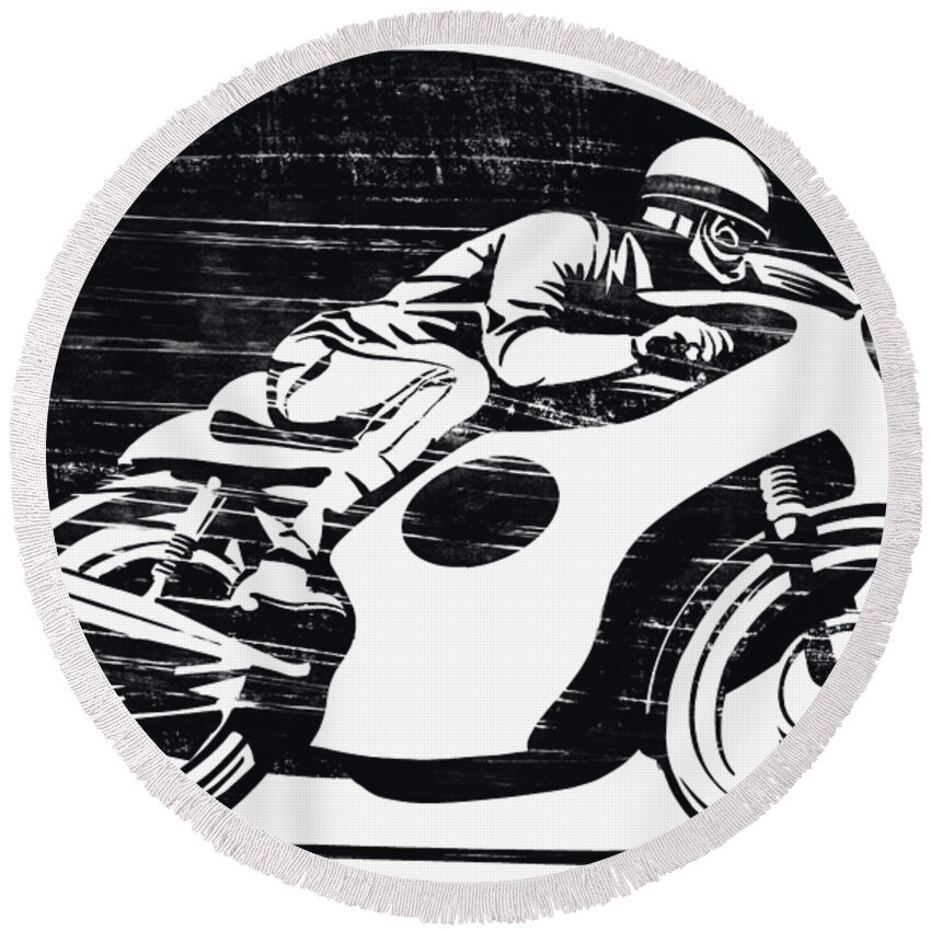 Cafe Racer Round Beach Towel featuring the painting Black And White Retro Vintage Cafe Racer by Sassan Filsoof