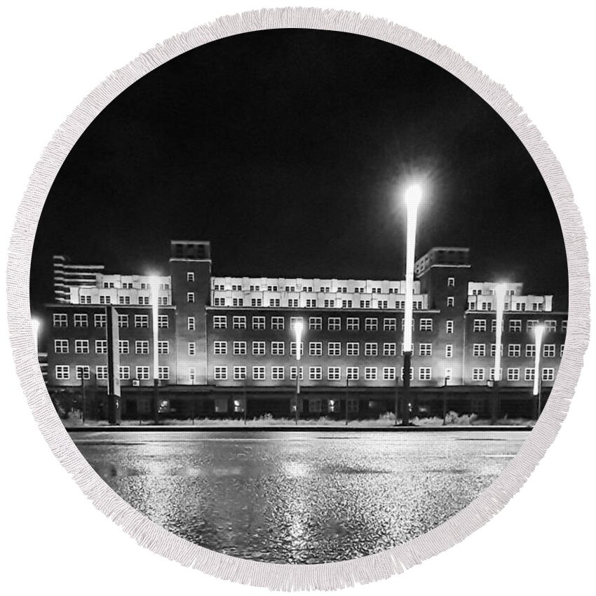 Museum Round Beach Towel featuring the photograph Black and white shot of central depot of LVR Industrial Museum by Mendelex Photography
