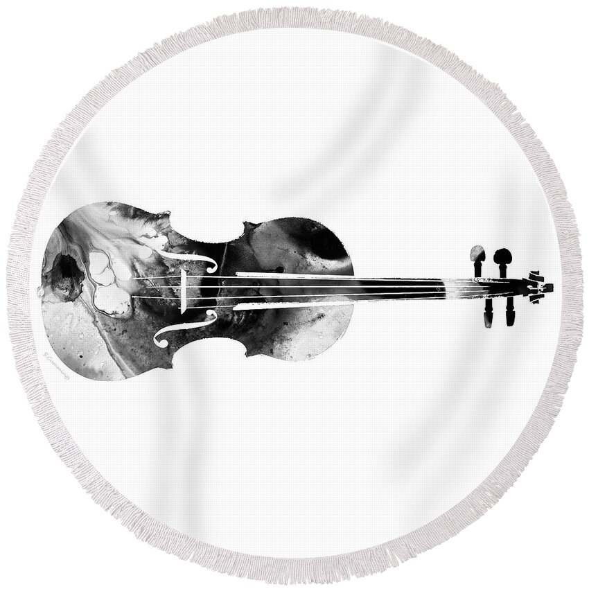 Violin Round Beach Towel featuring the painting Black And White Violin Art by Sharon Cummings by Sharon Cummings