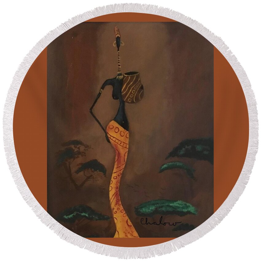 Black Art Round Beach Towel featuring the painting Black Beauty by Charles Young