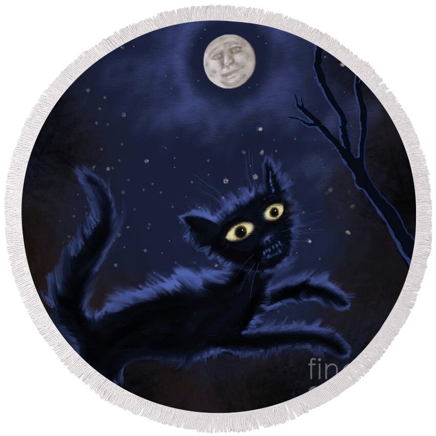 Cat Round Beach Towel featuring the digital art Black Cat Full Moon by Valerie White