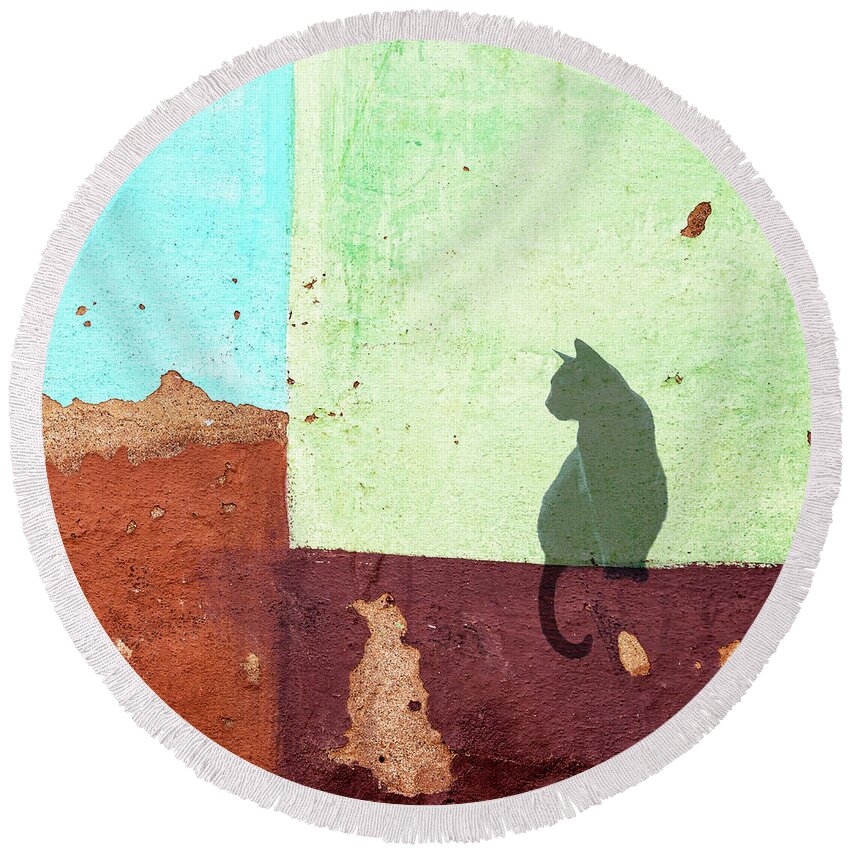 Black Round Beach Towel featuring the photograph Black cat sitting on a wall by Delphimages Photo Creations