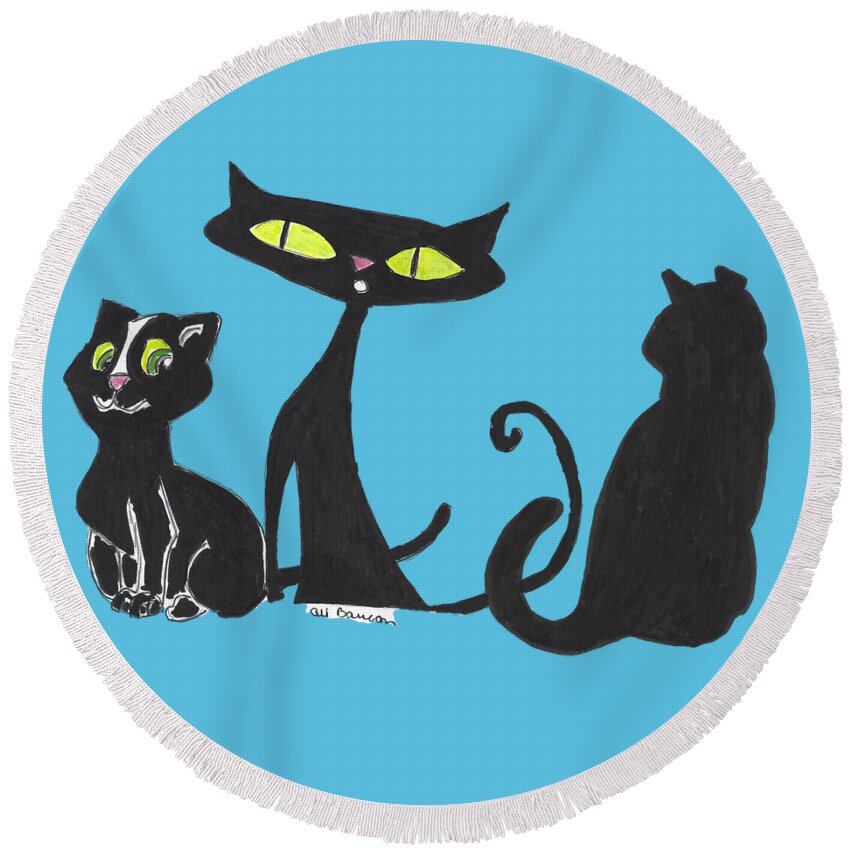Black Round Beach Towel featuring the mixed media Black Cats with Transparent Background by Ali Baucom