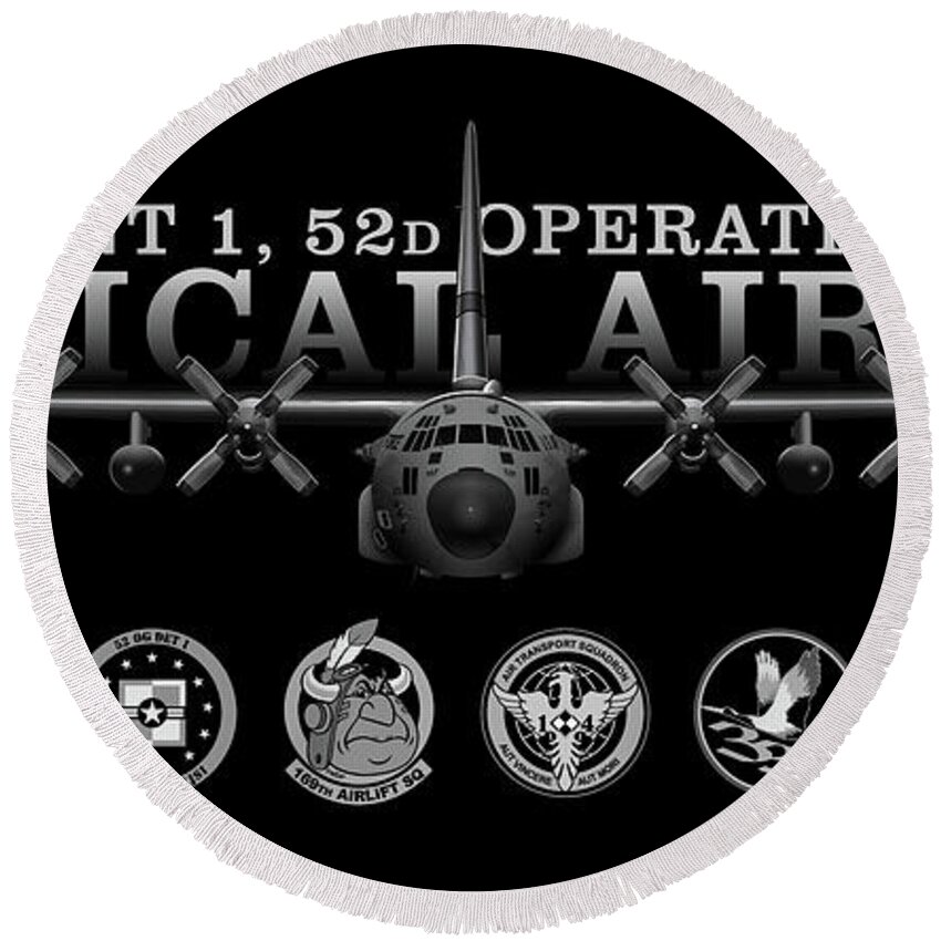 C-130h Round Beach Towel featuring the digital art Black Chrome Herk - Det 1 52nd Ops Group Edition by Michael Brooks