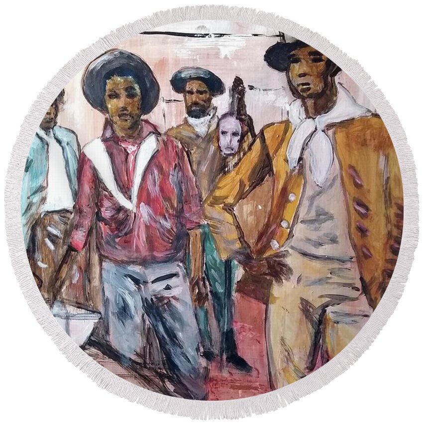 Black Cowboys Round Beach Towel featuring the painting Black Cowboys the originals by Tyrone Hart