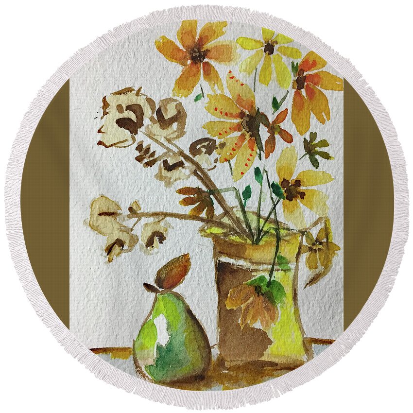 Still Life Round Beach Towel featuring the painting Black eyed Susans and a Pear by Roxy Rich