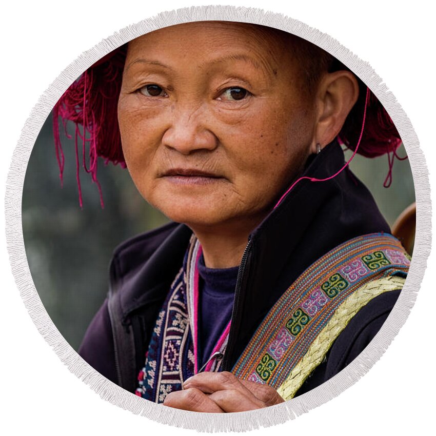 Black Round Beach Towel featuring the photograph Black Hmong Woman by Arj Munoz