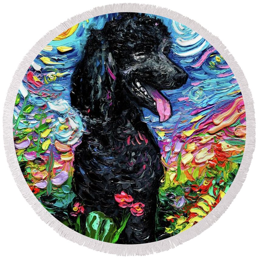 Black Poodle Round Beach Towel featuring the painting Black Poodle Night 2 by Aja Trier