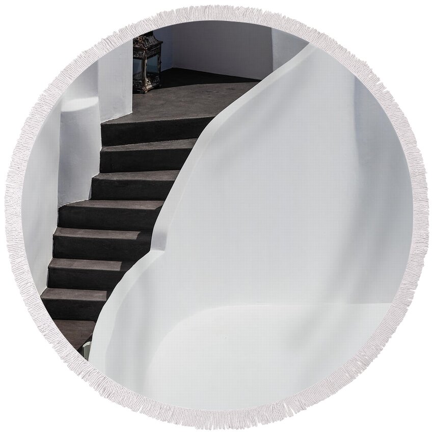 Greece Round Beach Towel featuring the photograph Black Staircase by Evgeni Dinev