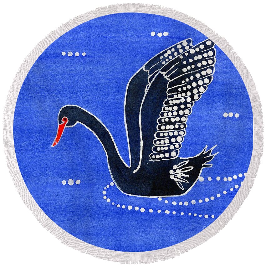 Black Swan Round Beach Towel featuring the painting Dhundhu, Wiradjuri Black Swan by Vicki B Littell