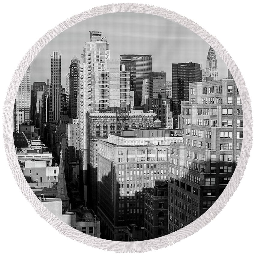 Black Round Beach Towel featuring the photograph Black white Manhattan with chrysler building NYC by Habib Ayat